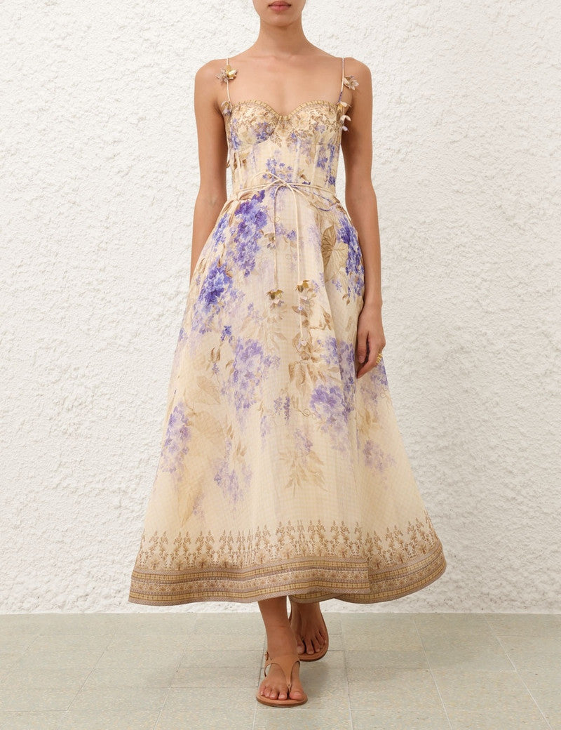 resort midi dresses Floral Bustier Dress | Romantic Garden Wear Women's Made in USA Dresses/Print Dresses followed by a button Size:XSMALL