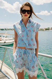 Amalfi Coast Striped Floral Cropped Top and Lace-Hem Shorts Set