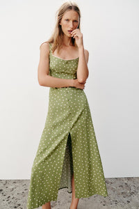 Capri Sun-Kissed Fruit Green Polka Dot Linen Midi Dress