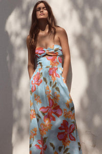 Tropical Floral Print Strapless Cutout Midi Dress with Pockets