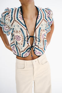 Mediterranean Embroidered Tie-Front Puff Sleeve Crop Top