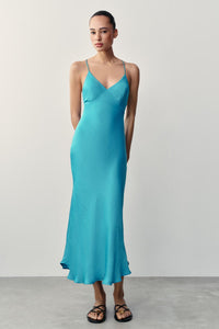 Turquoise Satin Beaded Strap Midi Dress