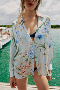 Riviera Escape Mixed Stripe and Botanical Floral Print Shirt Top