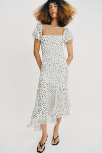 Midnight Romance Sheer Mesh Polka Dot Asymmetrical Midi Dress