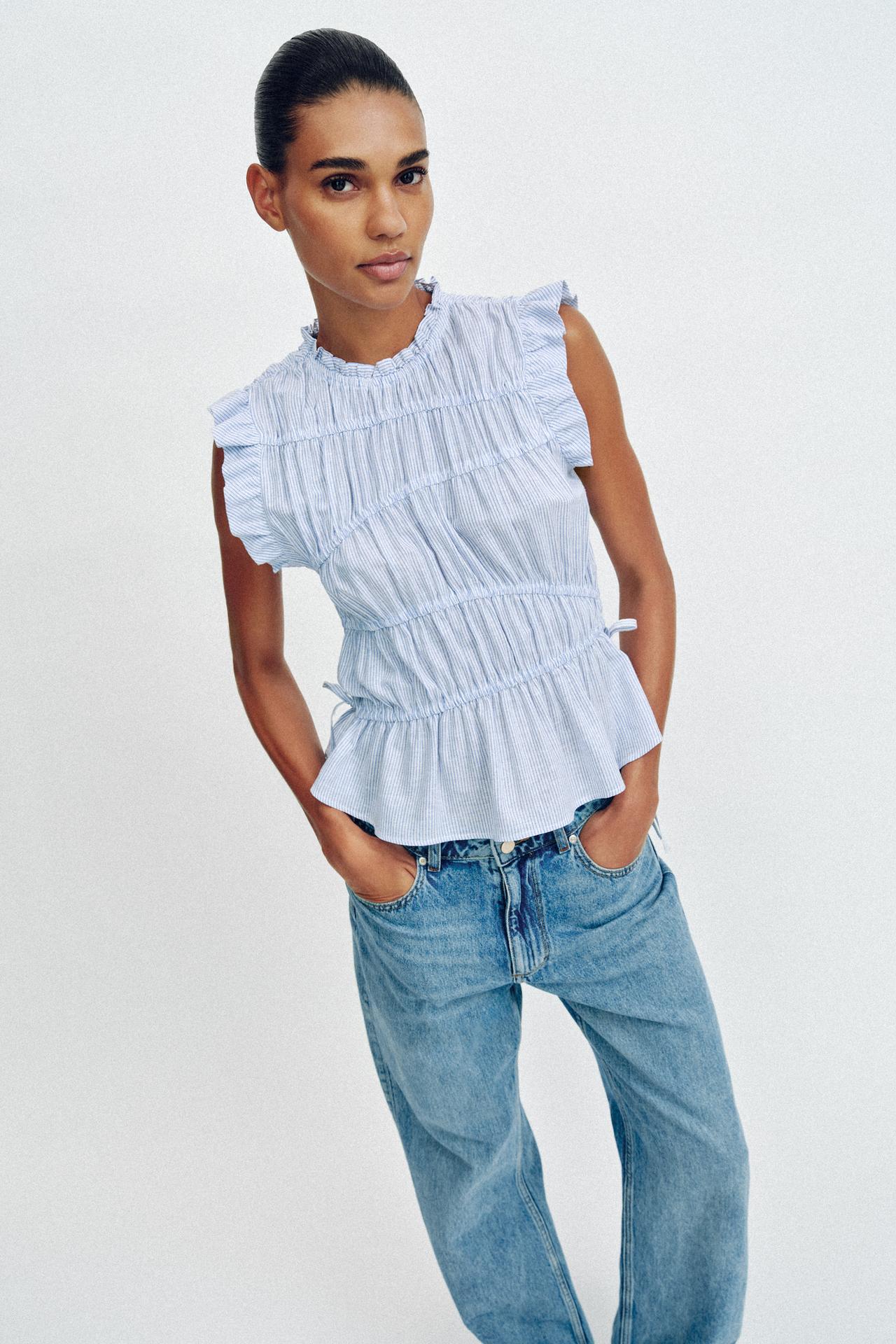 Isla Smocked Side-Tie Striped Ruffle Peplum Top