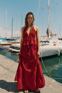 Positano Sun-Kissed Linen Ruched Halter and A-Line Midi Skirt Set