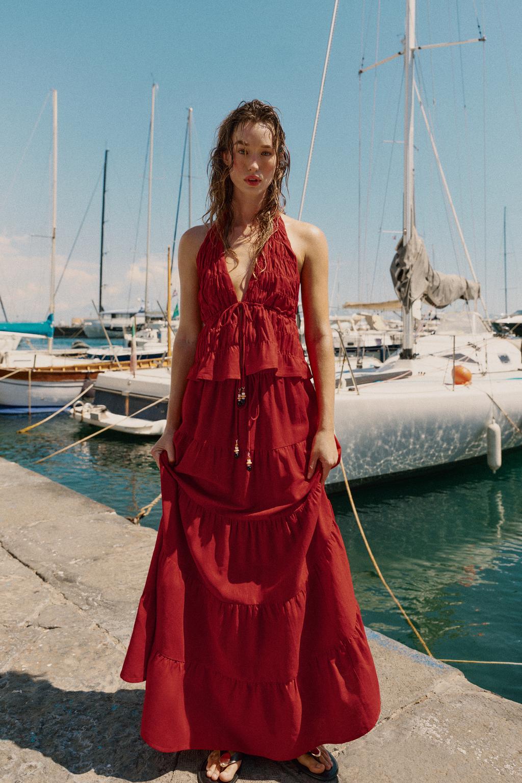 Positano Sun-Kissed Linen Ruched Halter and A-Line Midi Skirt Set