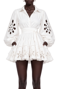 White Eyelet Cut-Out Blouson Sleeve Mini Dress