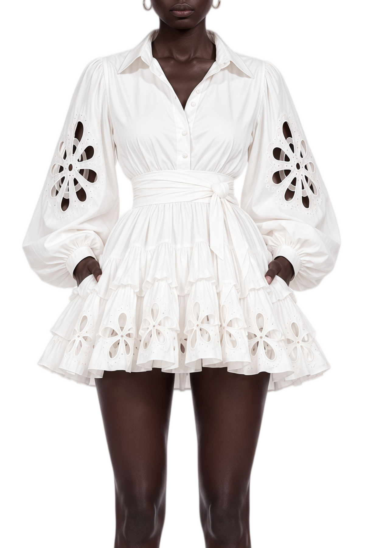 White Eyelet Cut-Out Blouson Sleeve Mini Dress