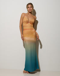 Golden Hour Ombre Satin Open-Back Halter Maxi Dress