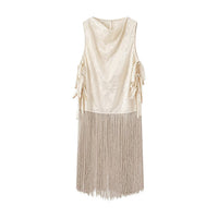 Zaria Floral Jacquard Satin Side-Tie Vest Top with Dramatic Long Fringe