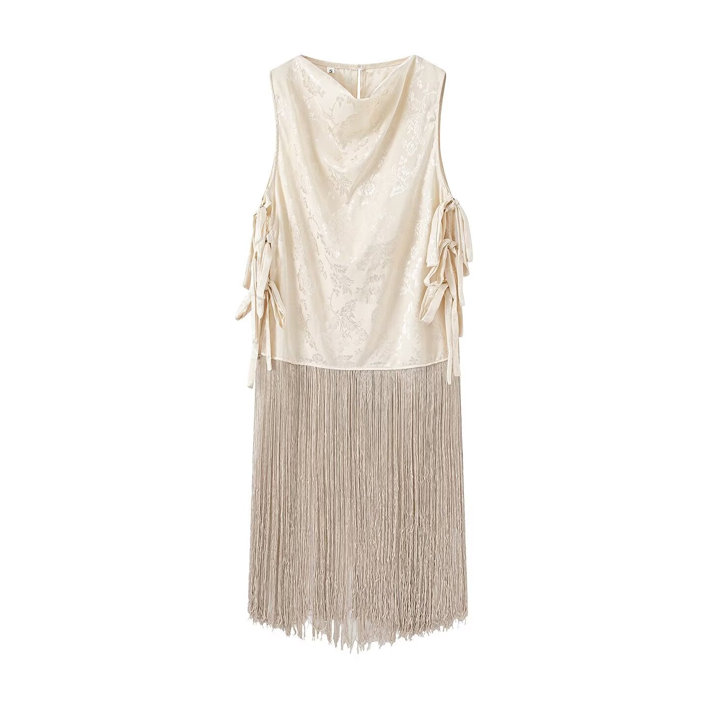 Zaria Floral Jacquard Satin Side-Tie Vest Top with Dramatic Long Fringe