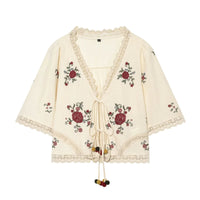 Andalusia Folk Floral Embroidered Tie-Front Blouse and Shorts Set
