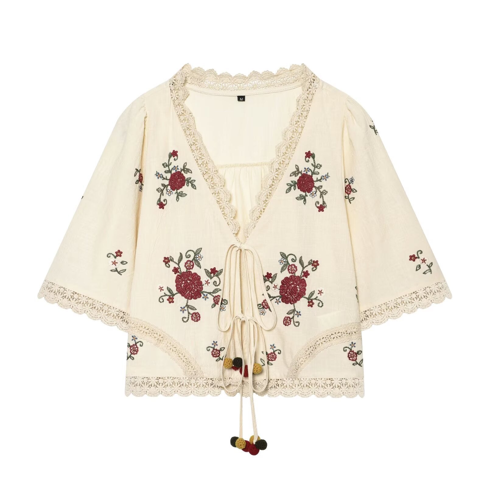 Andalusia Folk Floral Embroidered Tie-Front Blouse and Shorts Set