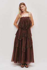 Chocolate-Colored Layered Lace and Tulle Maxi Dress