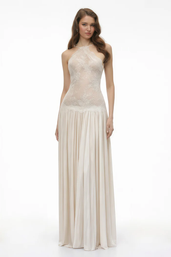 Lace-Paneled, Pleated Satin Long Evening Gown — Perfect for Any Occasion: Parties, Beach Outings, Weddings, and Vacations