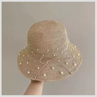 Pearl-Embellished Raffia Bucket Hat