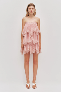 Dusty Rose Spaghetti Strap Tiered Lace Tulle Mini Dress