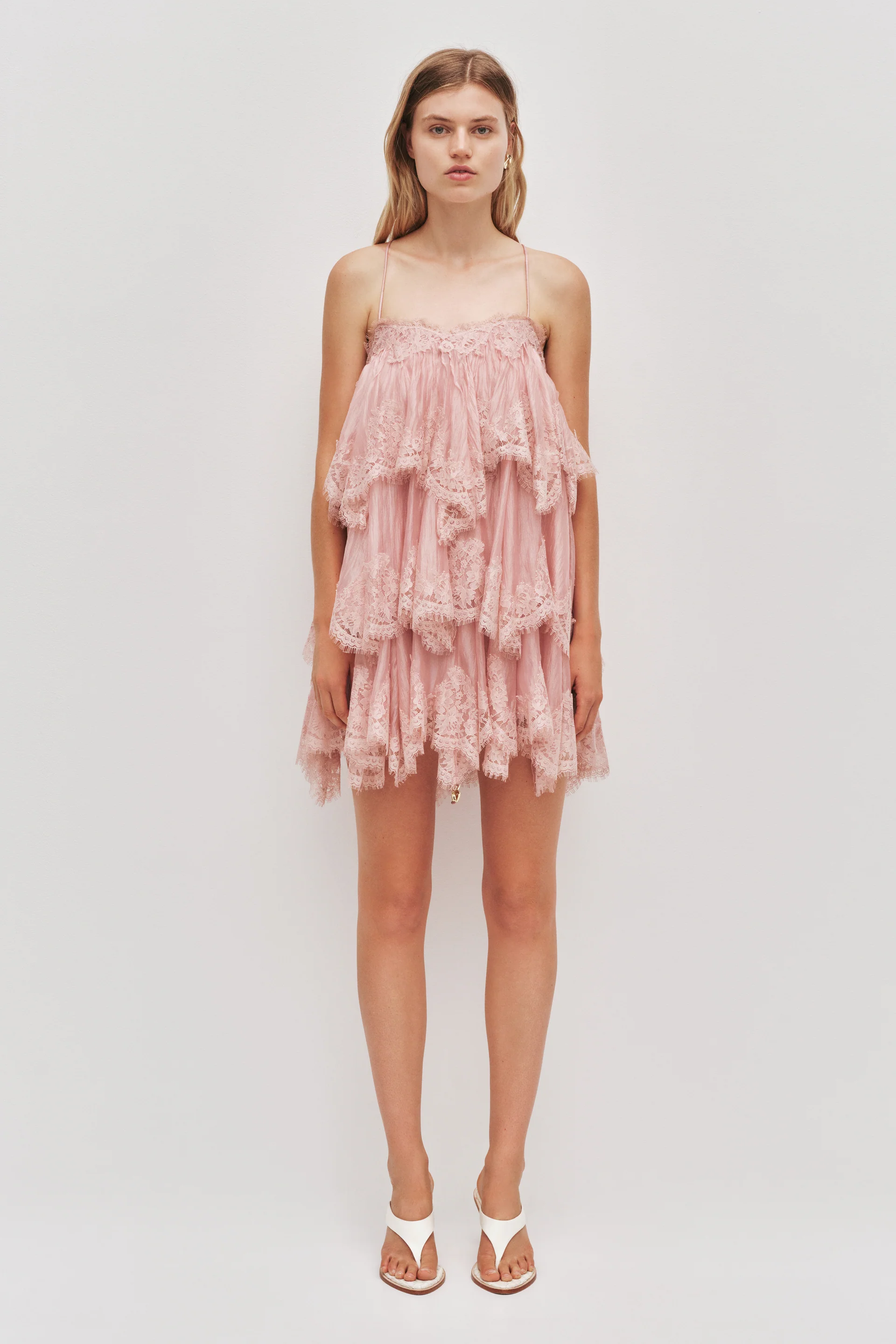 Romantic dusty rose mini dress with lace tulle layers and spaghetti straps—perfect for vacations, parties, and summer events.