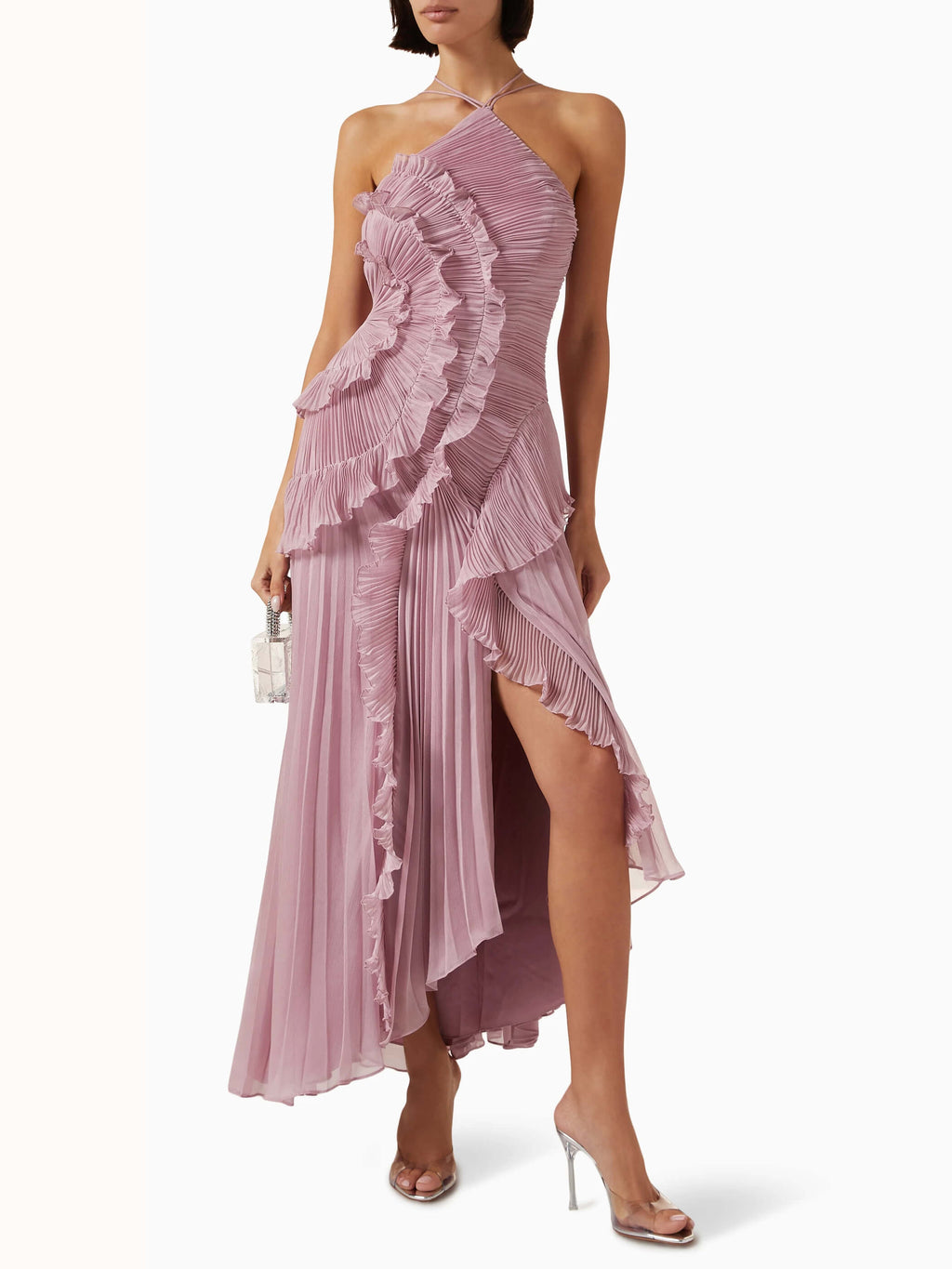 Elegant high-slit design, perfect for weddings, cocktail parties, and formal events. Sculpted fit, flowy chiffon fabric.