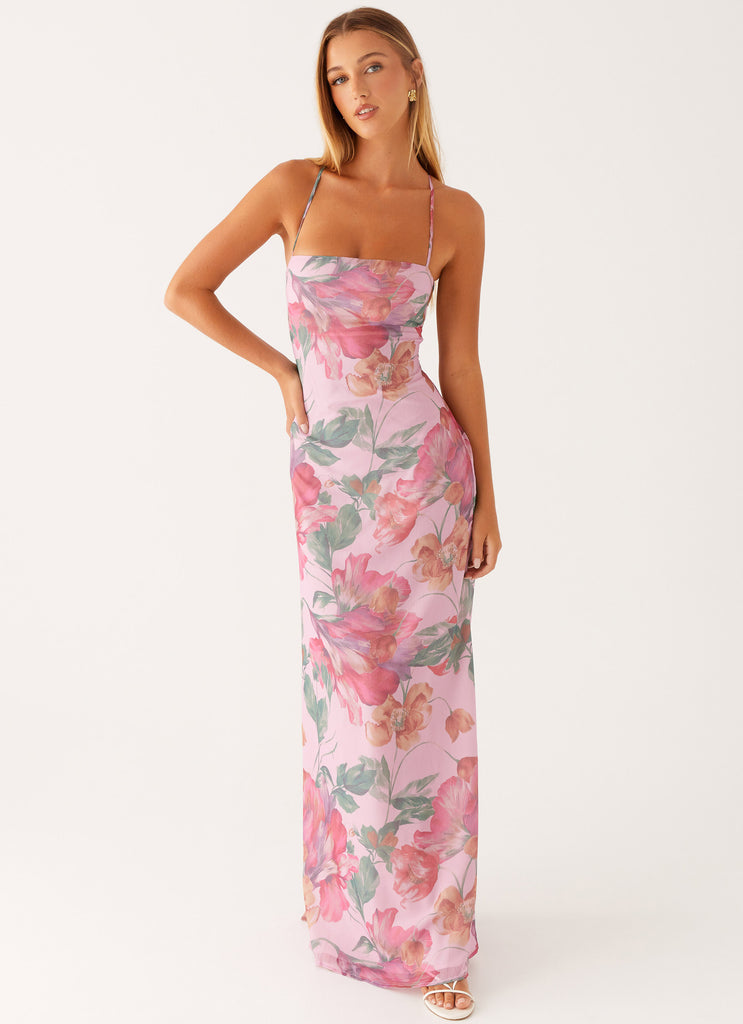 Pink Floral Spaghetti-Strap Maxi Dress — Evening Wear, Party, Vacation, or Casual Everyday Style