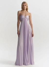 Lavender Pleated Halter Cutout Maxi Dress