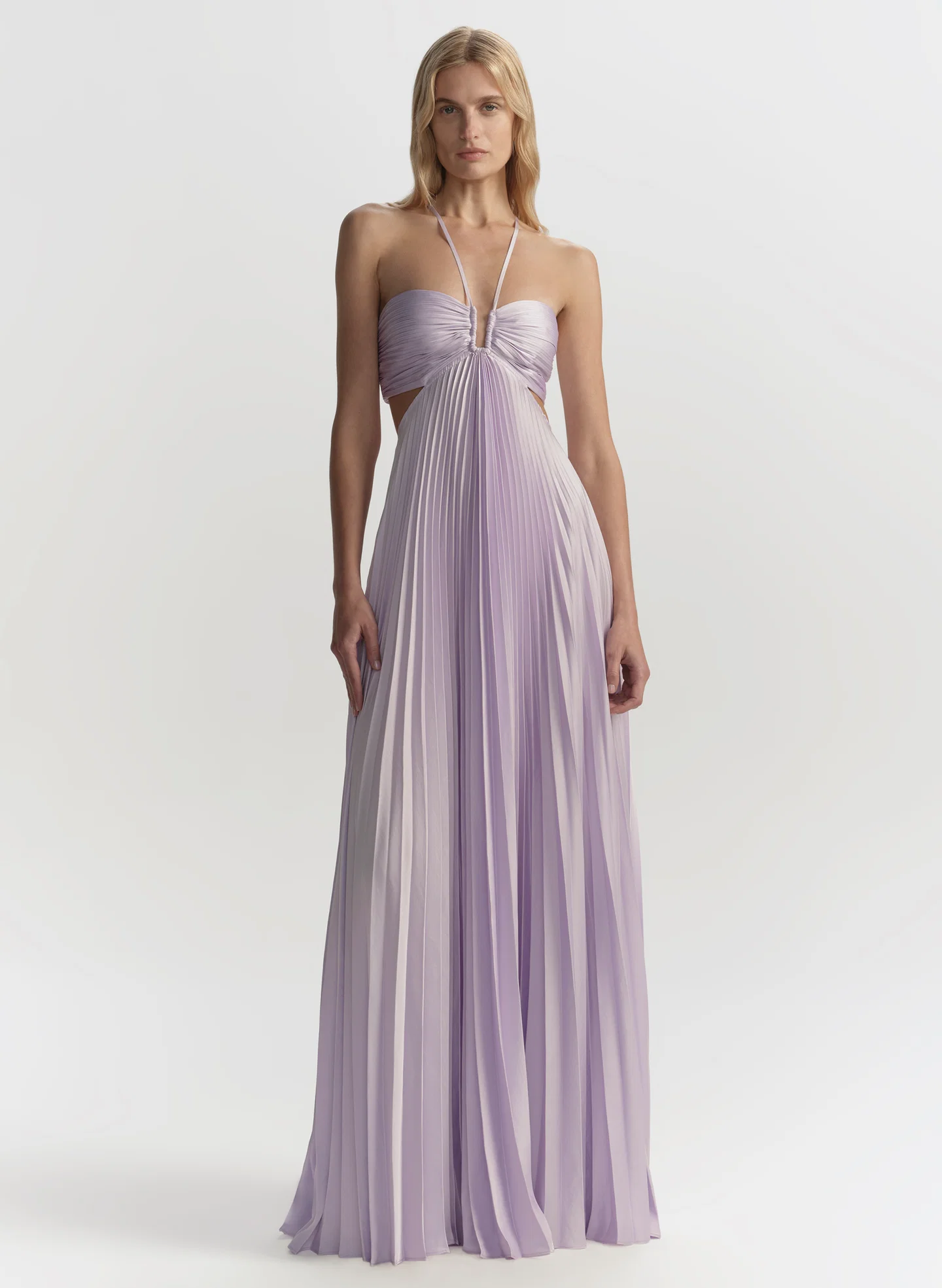 Ethereal Seashellly lavender pleated halter maxi dress with side cutouts. perfect for weddings, prom, and formal events. 