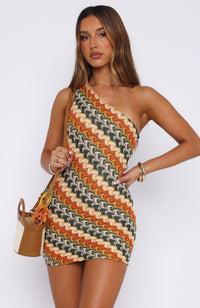 Retro Chevron One-Shoulder Crochet Mini Dress