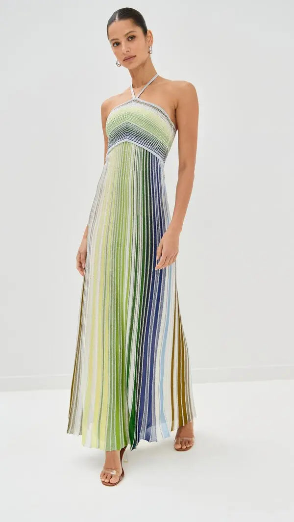 Multicolor Striped Halter Knit Maxi Dress: flowy pleated dress with shimmer accents, perfect for beach vacations, summer events, and resort style.