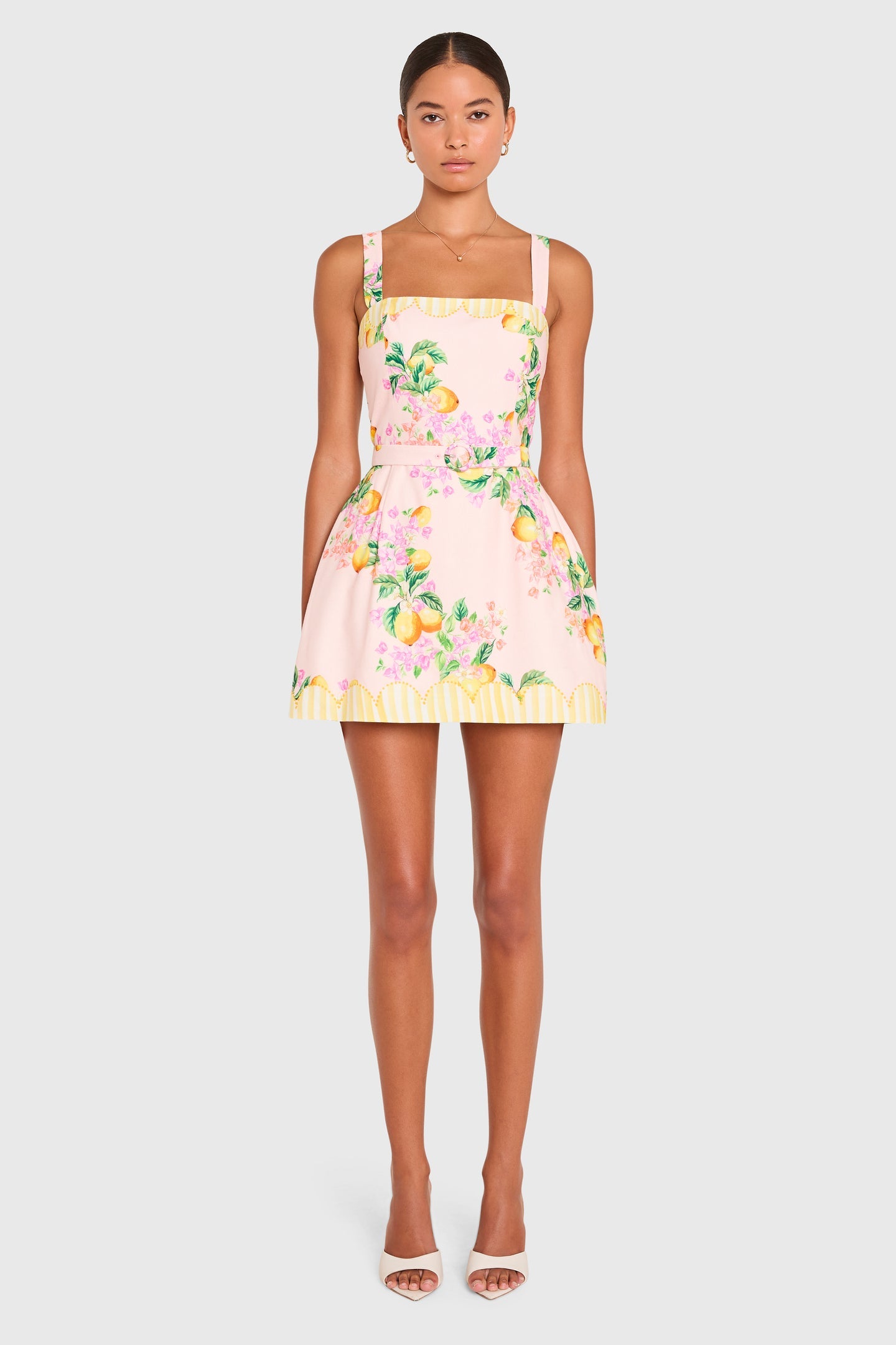 Pink Lemon Print Mini Dress. Playful citrus floral print, and feminine summer silhouette perfect for vacations and brunch dates.