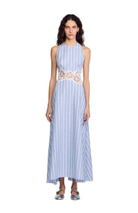 Blue Striped Lace Waist-Cinching Maxi Dress