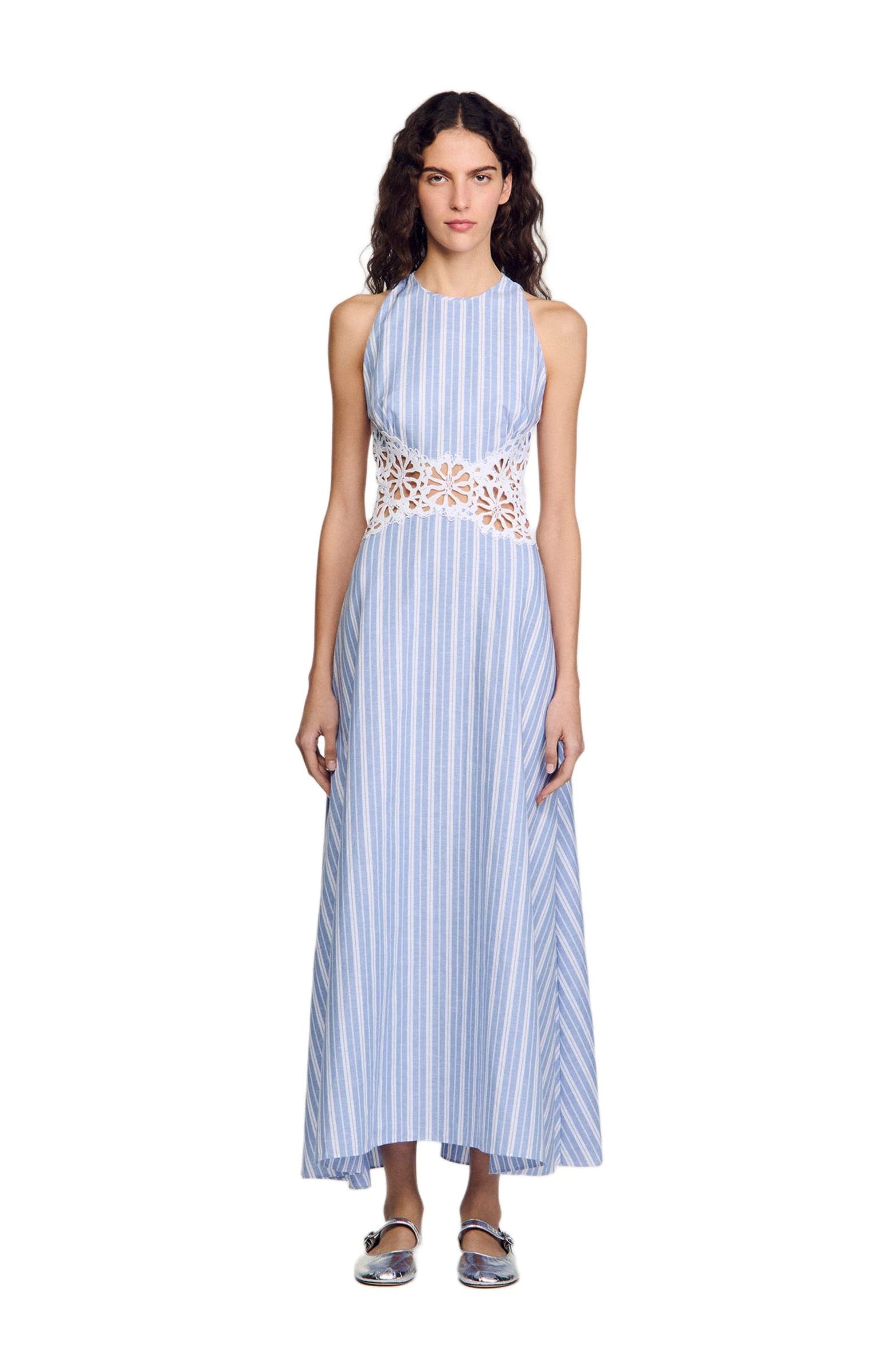 Stripe Lace  Waist Maxi Dress featuring a halter neckline, delicate  waist detail. Perfect for vacations, summer parties, and elegant everyday wear.