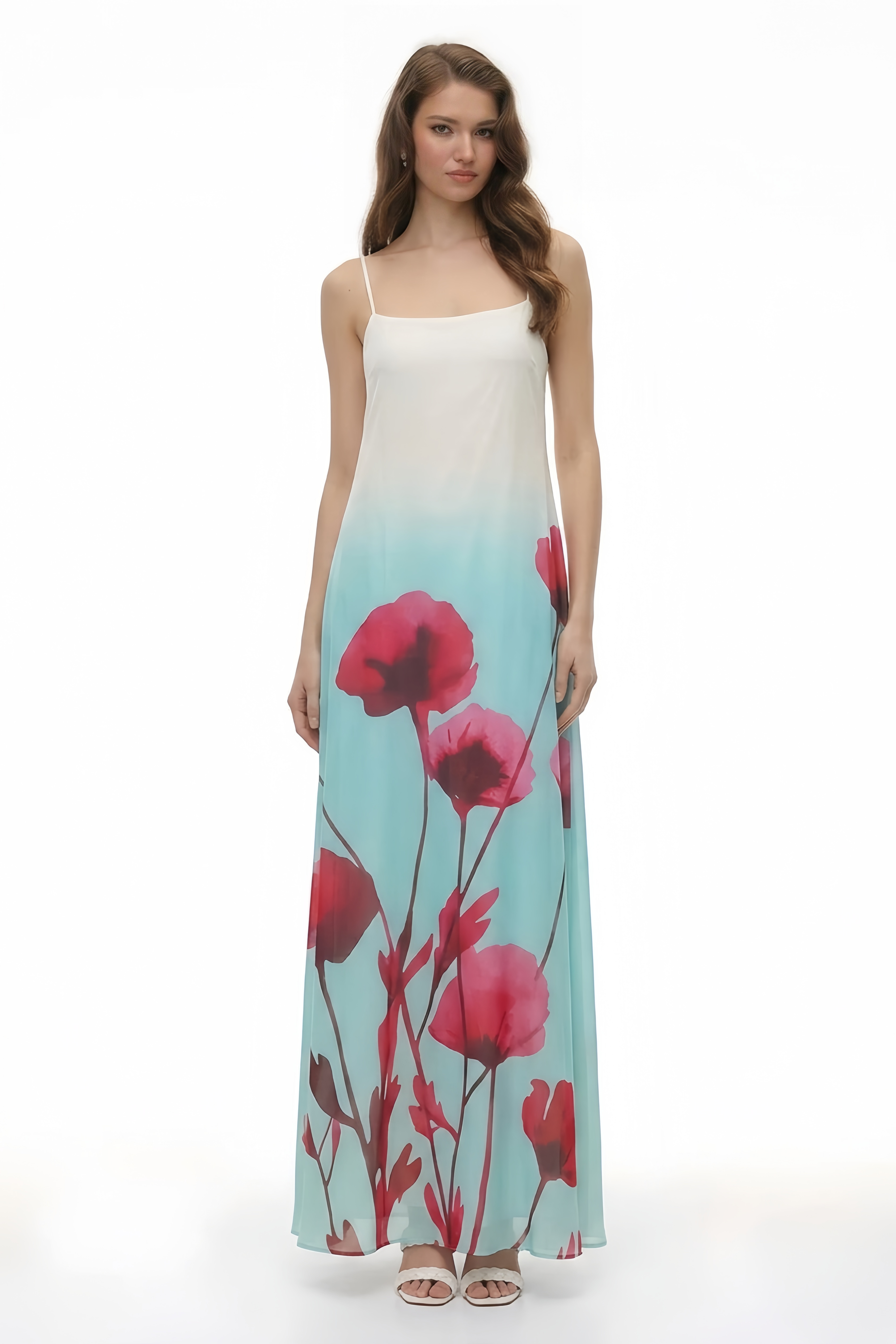 Floral Maxi Dress watercolor-inspired red blooms, a soft aqua gradient, and elegant spaghetti straps. Perfect for vacations, beach weddings, and summer evenings.