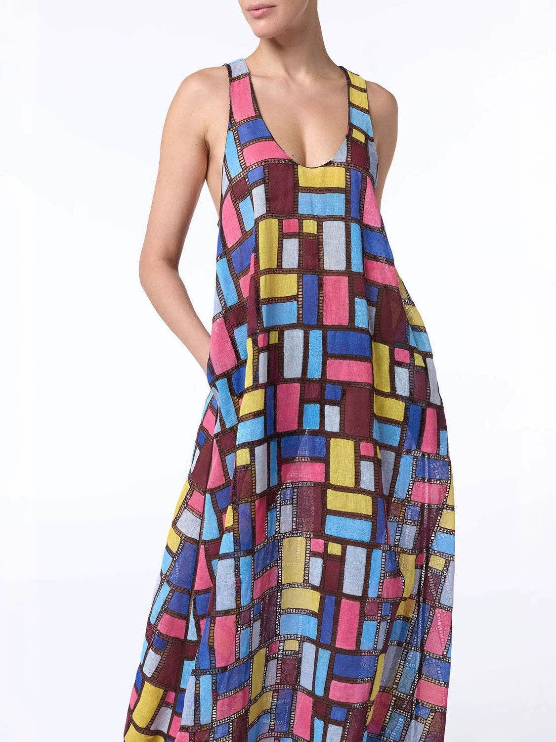 Colorblock Mosaic Print Maxi Dress. Featuring a vibrant geometric print, sleeveless design—perfect for beach vacations, resort wear, and summer styling.