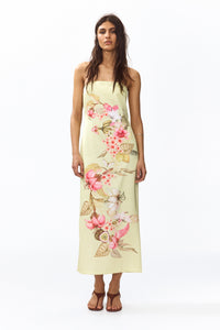 Lemon-Yellow Floral Strapless Maxi Dress