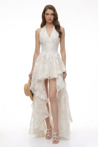 Floral Jacquard Halter High-Low Maxi Dress