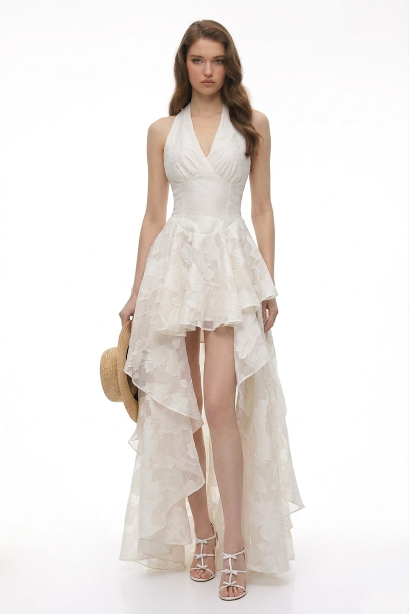 Floral Halter High-Low Maxi Dress. Halter neckline, and flowy high-low hem—perfect for weddings, vacations, resort wear, and summer events.