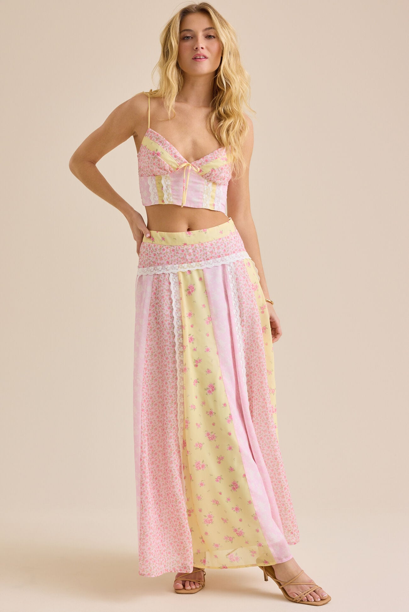 Pink Floral Patchwork Set. Lace-trim crop top, and flowy maxi skirt—perfect for vacations, brunches, resort wear, and summer styling.