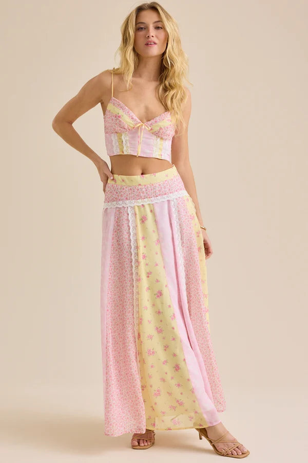 Pink Floral Patchwork Set. Lace-trim crop top, and flowy maxi skirt—perfect for vacations, brunches, resort wear, and summer styling.