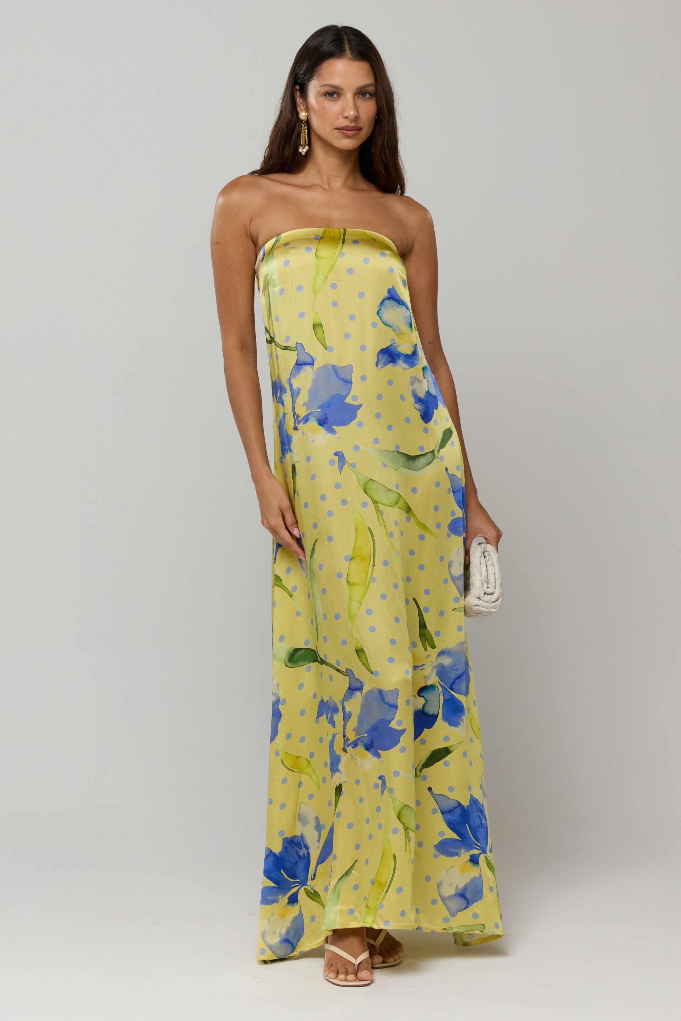 Floral Strapless Maxi Dress. Featuring a watercolor floral print, delicate polka dot design—perfect for vacations, resort wear, brunches, and summer occasions.