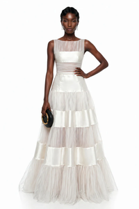 Ivory Mesh Satin Maxi Dress