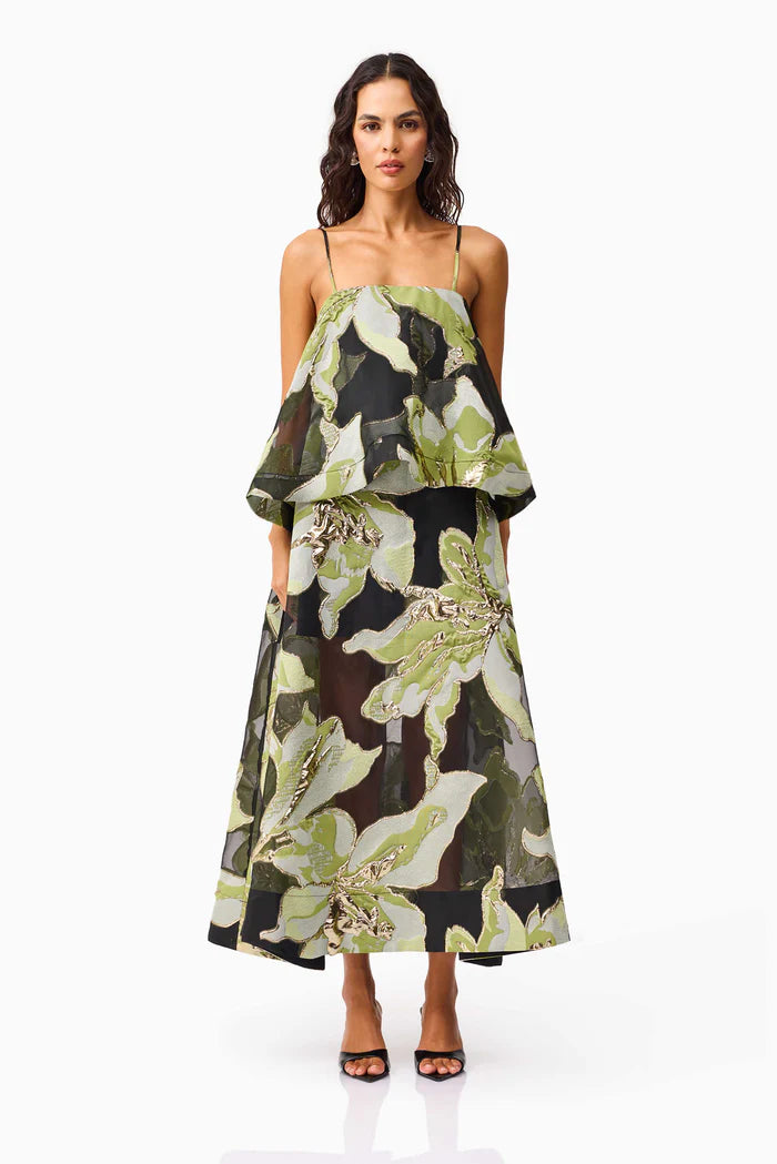 Tropical Layered Midi Dress. Layered detailing, and an elegant flowing silhouette—perfect for resort vacations, beach weddings, and summer evenings.