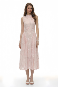 Floral embossed jacquard sleeveless midi dress