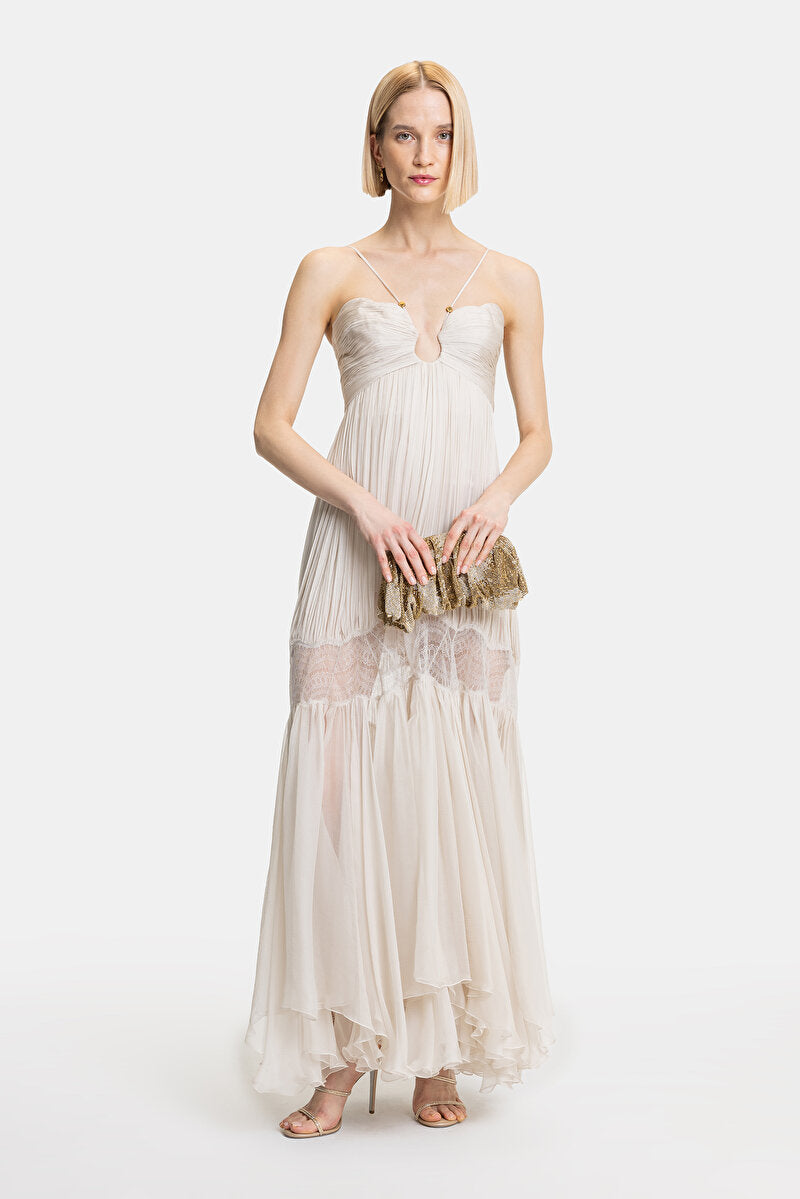 Ivory Pleated Lace Maxi Dress. Featuring soft pleated chiffon—perfect for weddings, formal parties, vacations, and elegant evenings.