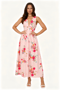 Pink Floral Deep V-Neck Maxi Dress