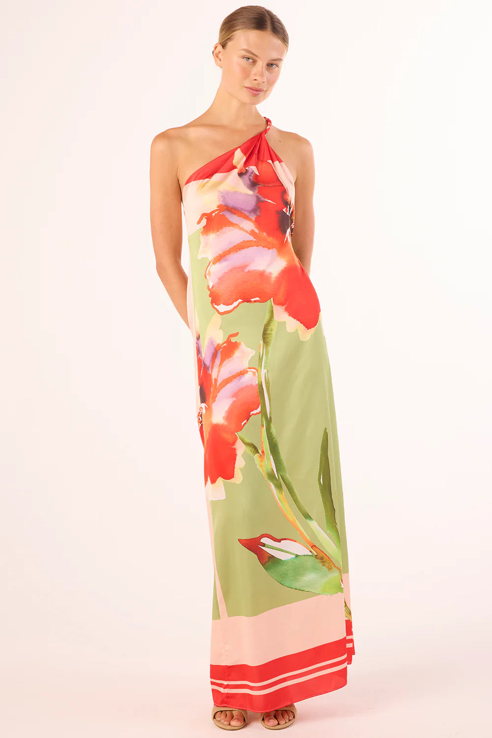 Floral One-Shoulder Maxi Dress. Watercolor floral print, elegant asymmetrical neckline, and flowing silhouette—perfect for vacations, weddings, and summer events.