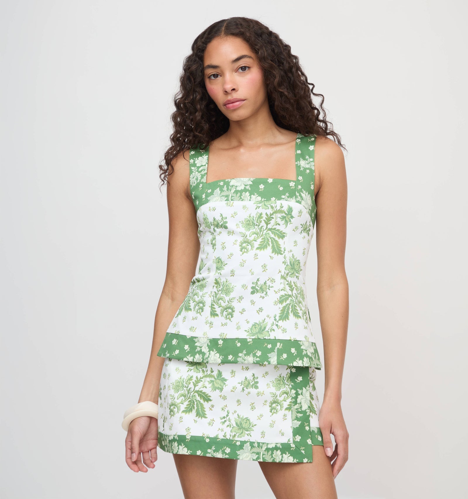 Green Floral Mini Set. Featuring a romantic botanical print, square neckline—perfect for vacations, brunch dates, and summer outings.