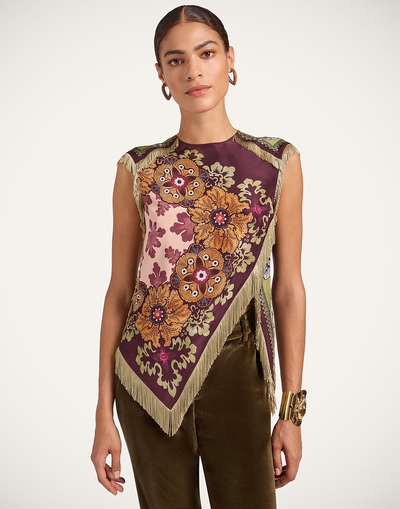 Vintage Floral Fringe Scarf Top. Asymmetrical silhouette, and elegant fringe trim—perfect for bohemian styling, vacations, and chic evening looks.