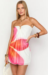 Printed White Strapless Mini Dress