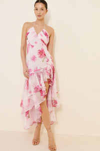 Pink Floral Halter-Neck Maxi Dress